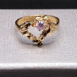 Vintage Open Heart Ring Pink Faceted CZ Stone Gold Nugget Ring Rare Art Nouveau
